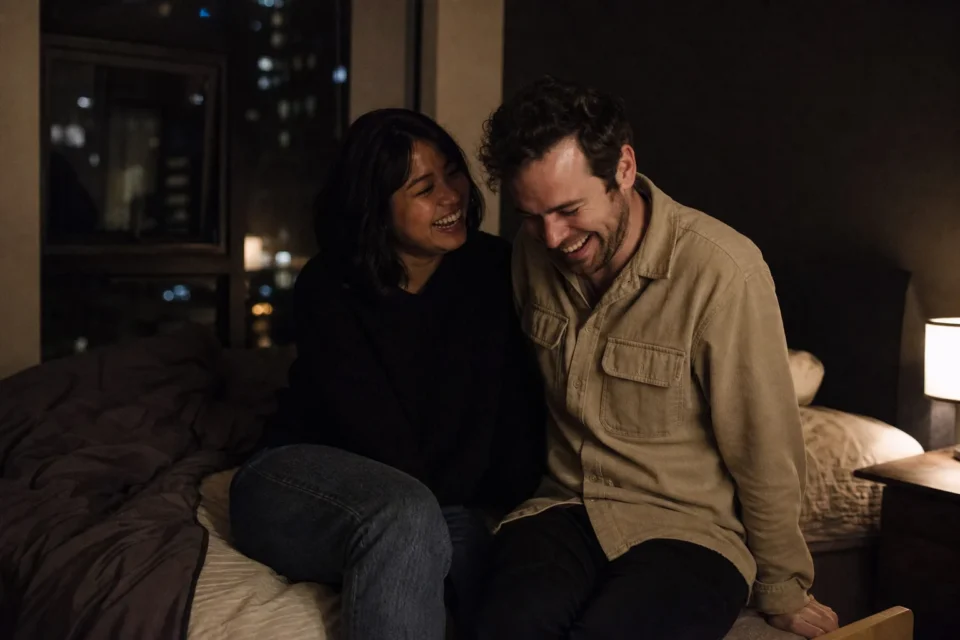 Playful couple at night