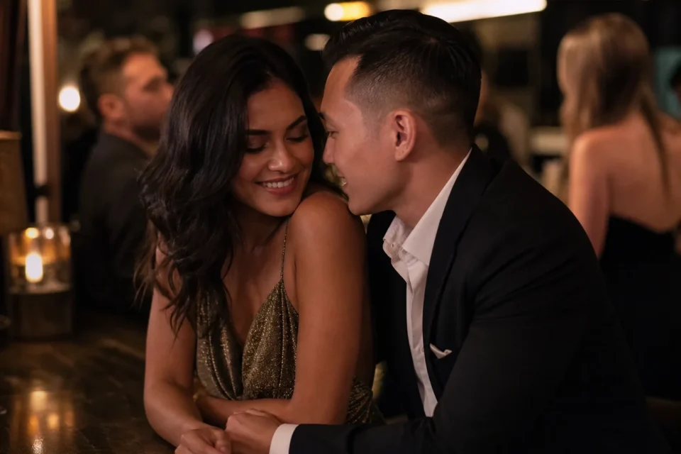 Flirtatious couple at bar