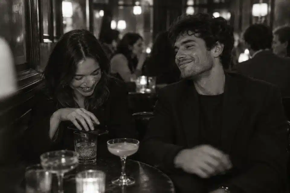 Couple laughing at cocktail bar