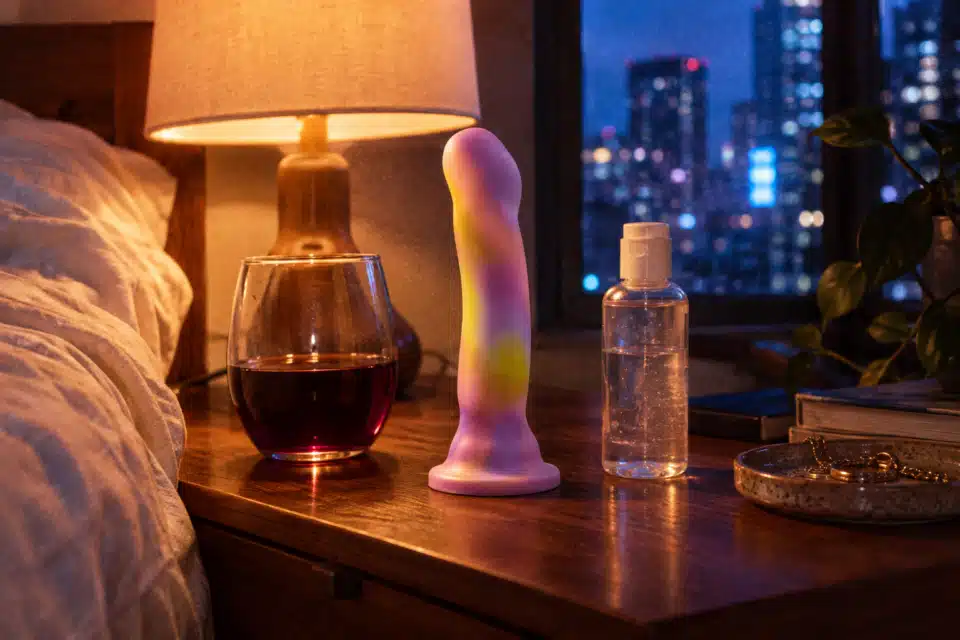 Pink swirl dildo on nightstand